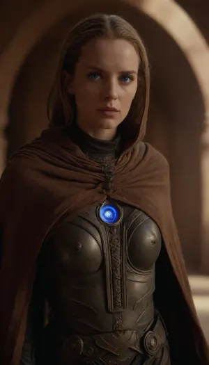 Realistic full-length photo, (((lynch's dune style))), masterpiece, 4K best quality, 1 girl, 35 years old, blue eyes, medium breasts, (mysterious bene gesserit), baldness, strange blue eyes, looking at the viewer, standing before gild's aquarium, imperial palace, high quality, intricate details, wisdom, charisme, very aesthetic style, plug, blue, eyes, cloak, <lora:Dune1024:1.6>