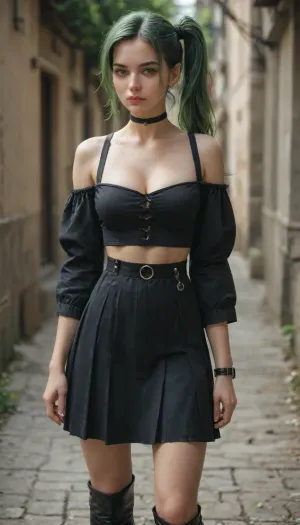 score_9, score_8_up, score_7_up, score_6_up, Masterpiece, best quality, ubel, (frieren), long green hair, side ponytail, (black off-the-shoulder cropped dress with thin straps between and framing her cleavage and a pleated skirt, large sleeves, white trim on clothes, black thigh-high boots, single black elbow-length glove on right arm, two black bands on upper left arm, silver band on upper right arm, black bands on thighs, indifferent expression, mage), standing, full body, anime art style, detailed background, 1girl, solo, green, hair, long, side, ponytail, purple, eyes, <lora:Ubel:.8>