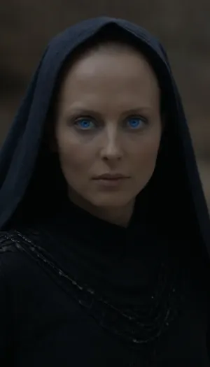 Realistic full-length photo, ((((masterpiece, 4K best quality, ((1 girl, 35 years old, ((), electric dark blue eyes, blue cornea)), shaved head, (((mysterious bene gesserit))), wearing black dress on chainmail, transparent veil)), looking at the viewer))), masterpiece, high quality, intricate details, wisdom, charism, very aesthetic style, 7-dune, Ornithopter, sand, worm, sepia, greyscale, <lora:Dune SDXL v2.1:1.6>