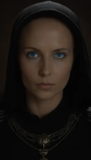 Realistic full-length photo, ((((masterpiece, 4K best quality, ((1 girl, 35 years old, ((fremen's dark blue eyes, blue cornea)), shaved head, (((mysterious bene gesserit))), wearing black dress on chainmail, transparent veil))), looking at the viewer))), masterpiece, high quality, intricate details, wisdom, charism, very aesthetic style, 7-dune, Ornithopter, sand, worm, sepia, greyscale, <lora:Dune SDXL v2.1:1.6>