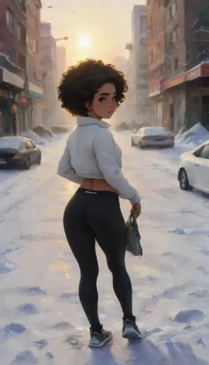 Sunset, rainbow, young Afro-Carribbean Supermodel xlsanaa woman, 18 years old, height 180cm, perfect winter snow photo, Cinematography, dark red hair, freckles body, oily skin, rear pussy, looking back, wet skin, abs, big ass, body Fully visible, thigh leggings, (Nike leggings), Nike padding, Nike long boots, earrings, ring, jogging, smartphone, ((in the car, arctic, snow, golden hour)), deep photo, depth of field, 35mm photo, film, bokeh, professional, 8k, highly detailed, (masterpiece, best quality, ultra realistic, RAW photo), extreme closeup photo of young xlsanaa woman, dark skin, black frizzy undercut hair, smiling, looking at viewer, cyberpunk city, realistic, sharp focus, 8k high definition, insanely detailed, intricate, elegant, closed mouth, perfect anatomy, insane details, intricate details, hyperdetailed, hyper quality, HDR, ray tracing reflection, cinematic lighting, highlydetailedbody, realisticface, highlydetailedhair, perfectfingers, insanelydetailed, 8K.highdetailedskin, highresolution, (j_cartoon:1.5), Drawing, uberfit, muscular, athletic, <lora:xlsanaa woman:2>, <lora:detailed_notrigger:1>, <lora:samdoesarts1.1-000030:.4>, <lora:J_cartoon:.3>, <lora:Animated_Concept:.4>