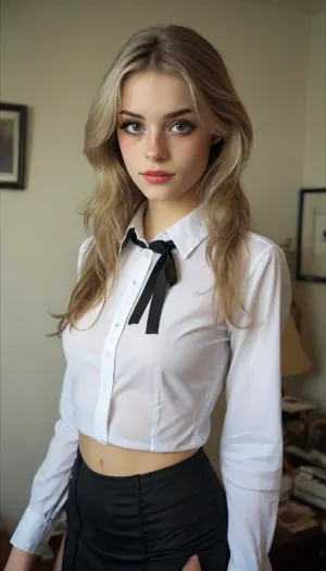 (the style of 1990's Polaroid flash:1), score_9, score_8_up, score_7_up, amateur selfie, younger girl, (long white hair:1), (deep-blue eyes:1), (erected nipples:.8), (white work shirt:1.5), ((black pencil micro skirt:1.5)), ((black stockings with garters:1.4)), (medium perky tits:1), (skinny abs:1.5), Looking at the camera, (athletic body:1.3), toned pelvis, freckles, fresh face, (freckled face:1), (the style of 1990's Polaroid flash:1.5), (Dainty little emo girl), Dynamic lighting, natural lighting, key light, side light, standing up, good posture. score_10_up, score_9_up, score_7_up., hannahowoxl, <lora:add-detail-xl:2>, <lora:MJ52:2>, <lora:WildcardX-XL-Detail-Enhancer:2>, <lora:Adjust_SDXL_v3.0:2>, <lora:HannahXL:2>