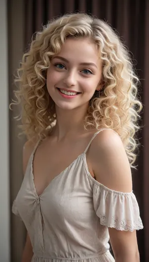 Full body view 24 years old blonde woman, curly hair, sweet and innocent, shy, happy, smile, hot sexy, BJ_Oxygen, girl, <lora:Oxygen girl_SDXL1.0:2>