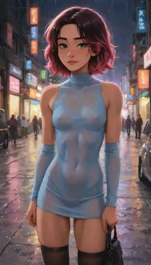 Andava, Andavaverse, Angelia Walking Back From The Club When She Is Caught In The Rain On The Bright Streets Of Tokyo.

ANGELIA PELO ROTH, petite model, Height 5'3, bright-grey eyes, A confident young woman with wavy shoulder-length hair dyed in rich two-tone purple with slight magenta highlights, parted slightly to the side, wearing short cut midi dress, flats, and a top-handle bag, She wears sleek, form-fitting dress that hugs her athletic figure. The dress is crafted from a glossy, high-tech material that glimmers in the citys lights, She has a toned body, small breasts, athletic midriff exposed, a thick black sweatband on one wrist, Her expression is confident and playful, slightly smug or teasing.The aesthetic is alt-girl, modern streetwear with punk/grunge influence.

perfect anatomy, 8k, insane details, intricate details, hyperdetailed, hyper quality, HDR, ray tracing reflection, cinematic lighting, highlydetailedbody, realisticface, highlydetailedhair, perfectfingers, insanelydetailed, 8K.highdetailedskin, highresolution, (j_cartoon:1.5), Drawing, uberfit, muscular, athletic, bellap, <lora:bellap:2>, <lora:detailed_notrigger:1>, <lora:samdoesarts1.1-000030:.4>, <lora:J_cartoon:.3>, <lora:Animated_Concept:.4>