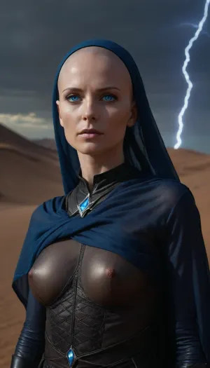 Realistic full-length photo, masterpiece, 4K best quality, 1 girl, 35 years old, (((fremen's deep blue eyes, electric blue cornea))), medium breasts, (((showing nipples))), (((with blue lightning in sky))), ((((shaved head)))), ((mysterious bene gesserit, wearing black dress, on chainmail, transparent veil)), looking at the viewer, (in desert), high quality, intricate details, wisdom, charism, very aesthetic style, in, the, style, of, dune, bright, blue, Rainbowiridal, Spiral, rainbowiridal, eyes, palette, Shiny..., Bright..., Intense, gaze, Fire, dragon, Amber, cat, Anthro..., woman, Genetically, modified..., <lora:dune-sdxl-v1-000098:1.6>, <lora:bright_blue_eyes:2>, <lora:Stunning_eyes_2:2>