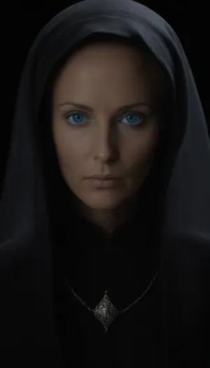 Realistic full-length photo, ((((masterpiece, 4K best quality, ((1 girl, 35 years old, ((fremen's dark blue eyes, blue cornea)), shaved head, (((mysterious bene gesserit))), wearing black dress on chainmail, transparent veil))), looking at the viewer))), masterpiece, high quality, intricate details, wisdom, charism, very aesthetic style, 7-dune, Ornithopter, sand, worm, sepia, greyscale, <lora:Dune SDXL v2.1:1.7>