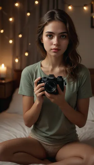 Hyperrealistic, intimate scene, ultra high resolution, 23-year-old woman, shy and innocent expression, sitting on her bed, wearing a T-shirt and underwear, kneeling on the bed, holding a vintage Nikon SLR camera, focusing on the camera in her hands, perfect hands, perfectly detailed fingers and nails, her face slightly visible behind the camera, a delicate, fragile atmosphere, gentle and intimate mood, soft, dim lighting with candles and a small string of lights in the background, cozy, modern, alternative decor, low depth of field, close-up on her face and hands, capturing a tender, sensual moment, the viewer’s perspective through the camera lens, subtle, emotional ambiance, high realism, no cartoon style, professional photography quality, immersive and authentic atmosphere, <lora:detailed_notrigger:2>, <lora:SDXLFaeTastic2400:2>, <lora:uv style v2:1.9>