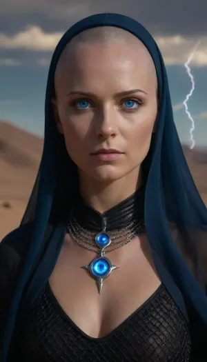 Realistic full-length photo, masterpiece, 4K best quality, 1 girl, 35 years old, (((fremen's deep blue eyes, electric blue cornea))), medium breasts, (((with blue lightning in sky))), ((((shaved head)))), ((mysterious bene gesserit, wearing black dress, on chainmail, transparent veil)), looking at the viewer, (in desert), high quality, intricate details, wisdom, charism, very aesthetic style, in, the, style, of, dune, bright, blue, Rainbowiridal, Spiral, rainbowiridal, eyes, palette, Shiny..., Bright..., Intense, gaze, Fire, dragon, Amber, cat, Anthro..., woman, Genetically, modified..., <lora:dune-sdxl-v1-000098:1.6>, <lora:bright_blue_eyes:1.7>, <lora:Stunning_eyes_2:1.6>