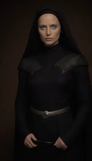 Realistic full-length photo, ((((masterpiece, 4K best quality, ((1 girl, 35 years old, ((fremen's dark blue eyes, blue cornea)), shaved head, (((mysterious bene gesserit))), wearing black dress on chainmail, transparent veil))), looking at the viewer))), (sandworm and blue lightning in background), masterpiece, high quality, intricate details, wisdom, charism, very aesthetic style, 7-dune, Ornithopter, sand, worm, sepia, greyscale, <lora:Dune SDXL v2.1:1.6>