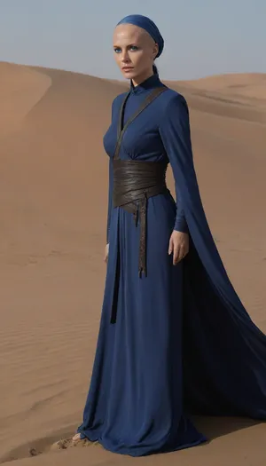 Realistic full-length photo, ((((lynch's dune style))), masterpiece, 4K best quality, ((1 girl, 35 years old, ((electrical blue eyes, blue cornea), shaved head, ((mysterious bene gesserit))), medium breasts)), looking at the viewer), (standing before little sand worm), in cave in desert, masterpiece, high quality, intricate details, wisdom, charisme, very aesthetic style, <lora:Sandworm_-_Dune_1984_SDXL:1.6>