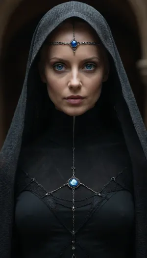 Realistic full-length photo, masterpiece, 4K best quality, 1 girl, 35 years old, fremen's dark blue eyes, blue cornea, shaved head, mysterious bene gesserit, wearing black dress, on chainmail, transparent veil, looking at the viewer, high quality, intricate details, wisdom, charism, very aesthetic style