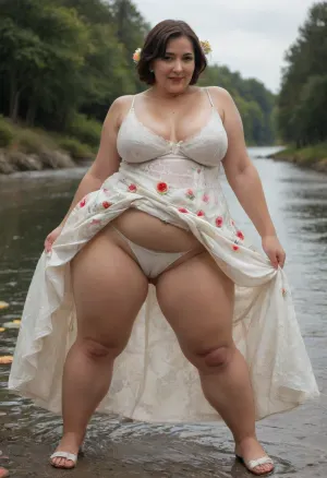 Woman, new photo. Realistic photo, sefiya.photography 2025. Masterpiece. High detail. Very dynamic, high-quality shot. Excellent quality. Realistic high-quality photo, sunny day., (obese:1.1), ((long flower dress with white lace top)), (((cameltoe:1.4))), ((49-year-old BBW of low height, brunette with short hair, mommy, cutie from, chubby, (MILF:1.6), with big tits)), ((very large breasts)), (standing with her backside, bent low scooping water from the river with a bucket, 1.3), . Wet white panties are transparent and ride up, revealing a round big massive saggy ass, bikini, red, gold, black, <lora:neiyi1_XL_reg0_:.8>, <lora:pyroV4-256:.8>, sfb, <lora:sfb_v3:.8>, blowjob, <lora:SorasBlowjobs:.8>