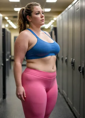 Sweaty BBW at gym tight yoga pants and top hard nipples full body HD bokeh harsh lighting peeling top off locker room topless