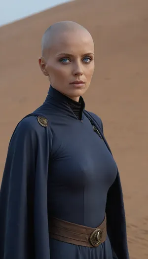 Realistic full-length photo, ((((lynch's dune style))), masterpiece, 4K best quality, ((1 girl, 35 years old, (electrical blue eyes, blue cornea), shaved head, ((mysterious bene gesserit)), medium breasts)), looking at the viewer), standing before little sand worm in a stone pool, in cave in desert, masterpiece, high quality, intricate details, wisdom, charisme, very aesthetic style, <lora:Sandworm_-_Dune_1984_SDXL:1.6>