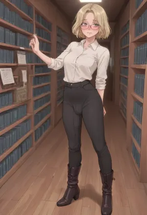 futanari, standing pose, visible bulge, penis bulge, cock in pantleg, hard penis, erected cock, penis outline, long slim cock, long cock bulge visible down the leg, library, blonde hair, glasses, pants, flat boots, perfect face, perfect eyes, high resolution, ambient light, embarassed face expression, blushes, angled view, curvy, pxll, <lora:Shaded-Retro-Anime:1>, <lora:pxll:1.3>, <lora:ratatatat74-000050:1>, <lora:cartoon_stickers_xl_v1:.6>, <lora:NEOTOKIOXL_0.2_RC:1.2>
