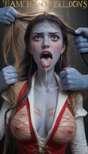 female drow elf barbarian, (dark night blue skin:1.82), tall, angry, busty, curvy, thin waist, big boobs, big butt, slim, athletic, fit, vitiligo, strong, (wearing Drizzt Do'Urdens armor, with bear fur pelt, dungeons and dragons inspired chainmail, purplish blue skin, black and purple hair, Dark, Elf, Warrior, Drow, tattooed, scarred, purple eyes, uberfit, muscular, blue skin, amazon, giant, fur barbarian armor, bloody, blood spatter, bear, bear heart), Dark, Elf, Warrior, Drow, tattooed, scarred, purple eyes, uberfit, muscular, blue skin, amazon, giant, fur barbarian armor, bloody, blood spatter, bear, bear heart, zavy-brbrn, defeating a woman in combat, fighting, killing, blood, winning fight, magazine cover, Realism_Quality_2xx_By_Stable_Yogi, score_9, score_8_up, score_7_up, (((very pretty face:1.3))), (((extremely ultra detailed face:1.3))), perfect fingers and hands, upper body view, (extreme size difference:1.6), (ultra realistic), (maximum quality), (high resolution), (extreme detail), (ultra realism), UHD, super high quality, highly detailed, high resolution, perfect lighting, natural lighting, Uber realistic, ultra detailed, masterpiece, 35mm photograph, film, professional, 4k, hdr, photographic, ultra realistic, ultra high details, back light, (dynamic pose), (dynamic angle), (random angle), (random pose), (dynamic view), (random view), best quality, volumetric lighting, golden hour lighting, dramatic shadows, rich details, nature-inspired color palette, hyperrealistic, 8K, BadX, Stable-Yogis-Makeup-Enhancer-XL, spectacular lighting, (vampirella:1.32), embarrassed expression, shy, blushing, (score_9, score_8_up, score_7_up, UHD 8K, masterpiece, best quality, maximum details, natural light, extreme realism, cinematic still), Beautiful brunette white woman, (cheating bride:1.5), (pale skin:1.5), (decorated luxurious bedroom), wedding veil, frazetta barbarian slave art, stockings, shocked, frightened, interracial, (gigantic African black brute thug, huge trunklike arms, huge head, hyper muscular body, dressed in slave clothes:1.2), ((5 dirty old fat men gangrape girl:1.12)), random sex scene, rapefantasy, Rating_explicit, (source_bdsmrape:1.12), (best quality, award-winning photograph, sharp focus), realistic cum, (cum on clothes), cum on, (Cum flows:1.5), (cum on body), cum on hair, (cum on face), bukkake, ((Clothes and body covered with semen)), (mouth wide open:1.4), (mouth filled with cum:1.5), (hands pulling hair hard, hair falling off:1.22), ((laughing insane, looking at viewer, big grin:1.12)), ((shows the V sign with his hands)), (extreme size difference:1.16), (eyes wide open in horror:1.44), (wide mouth spreader:1.18), (pleading expression:1.54), (terrified:1.58), (crying:1.98), (fear and panic:1.58), ((screaming in pain:1.46)), (huge dick:1.18), (whip marks:1.68), (whipped tits:1.67), <lora:Dark_Elf_Warrior:2>, <lora:Drow:2>, <lora:uberfit_lora_sdxl:2>, <lora:zavy-brbrn-sdxl:.5>