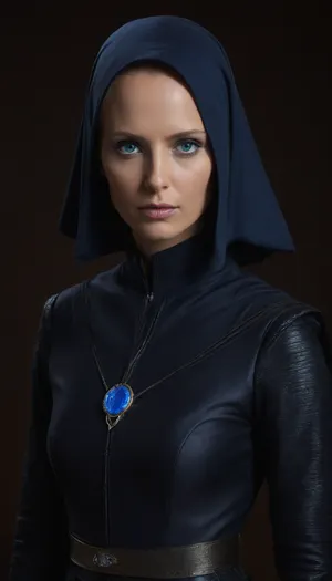 Realistic full-length photo, ((((masterpiece, 4K best quality, ((1 girl, 35 years old, ((), electric dark blue eyes, blue cornea)), shaved head, (((mysterious bene gesserit))), wearing black dress on chainmail, transparent veil)), looking at the viewer))), in desert with dunes, masterpiece, high quality, intricate details, wisdom, charism, very aesthetic style