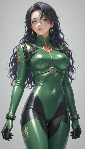 80s Anime cartoon show. 28 year old girl, she is tall, black long hair, stands beside her white and green mecha robot. She is in the process to get her soldier clothes on.