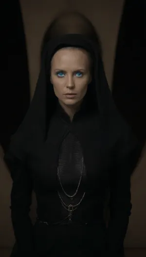Realistic full-length photo, ((((masterpiece, 4K best quality, ((1 girl, 35 years old, ((fremen's dark blue eyes, blue cornea)), shaved head, (((mysterious bene gesserit))), wearing black dress on chainmail, transparent veil))), looking at the viewer))), masterpiece, high quality, intricate details, wisdom, charism, very aesthetic style, 7-dune, Ornithopter, sand, worm, sepia, greyscale, <lora:Dune SDXL v2.1:1.7>