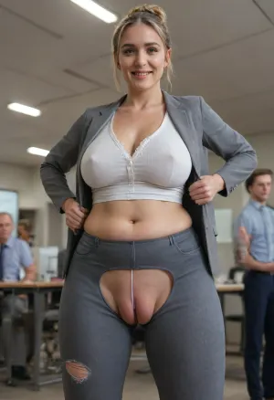 1 girl, standing, executive woman, (plump), we see a woman in full, medium height, Swedish, blonde hair bun, bright blue eyes, office woman, 37 years old, (she is wearing a Set composed of a grey office crotchless pants, (crotchless pants:1.4), (ripped ass:1.4), (big labia cameltoe:2.1), grey blazer and a low-cut white shirt underneath), hourglass figure, long chubby legs, firm thighs, wide hips, ounded firm ass, flat firm stomach, milf body, (highly detailed skin:1), milf face, (detailed face:1.3), wrinkles at eyes, heavy wrinkles, extreme wrinkles, facial age wrinkles, (masterpiece, best quality, realistic, detailed:1.1), slutty, fuck slut, cougar, promiscuous aunty, huge sex drive, a shadow of lite smile, good hands, perfect fingers, five fingers, (red stiletto heels), high quality, very giant breasts, perfect huge tits, new england, luxury, old money, (very much people around:1.5), conservative, hamptons, marthas vineyard, posh, ivy league, rich, very realistic, best quality, highly detailed, OverallDetail, <lora:bombshell_v2:1>, <lora:ThePitXL:1.7>