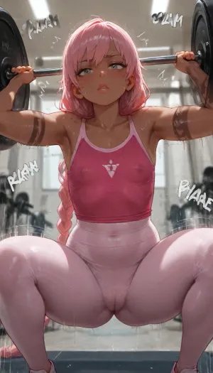 1girl, petite, sweating, (dark skin), (((tattoos))), (highly detailed gray eyes), (((freckles))), (button nose), (((full lips))), struggling expression, (very long braided pink hair, flat chest with large areola and erect nipples under cropped large pink athletic tank top, tight pink athletic leggings with camel toe), (squatting using barbell, body shaking, legs shaking), (gym, large mirrors, scattered workout equipment), (((motion lines, speed lines, sound effects))), (depth of field), (low light, soft focus, realistic, high quality, high contrast, highly detailed, rim lighting)