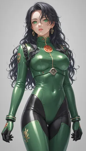 80s Anime cartoon show. 28 year old girl, she is tall, black long hair, stands beside her white and green mecha robot. She is in the process to get her soldier clothes on.