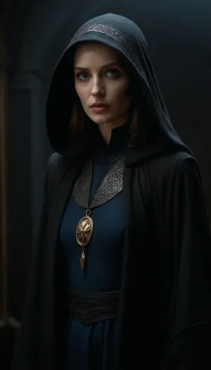 a photorealistic image in the style of a cinematic trailer based on Dune, showcasing the mysterious Bene Gesserit. Visual Style, Dark, unhurried, with elements of psychological horror and mysticism—like the films of David Lynch, but with an emphasis on feminine power and sacred danger.
Setting, A dark chamber deep within the Bene Gesserit fortress on Wallach IX. The walls are covered in ancient symbols. The full length photograph shows a Bene Gesserit Jessica Atreides, motionless, with deep blue eyes glowing in the dim light. She is wearing a chainmail, over which floats a long, hooded cloak that reveals her magnificent figure. Technical Details, Lighting, Unidirectional, (as in Greg Rukowski's work), – deep shadows, the face illuminated by a cool blue light.
Color, Dark shadows + orange accents, (as in Dune 2021), but with enhanced blue for a mystical feel.
Atmosphere, The photograph should feel simultaneously sacred and brutal – the viewer should be simultaneously intrigued and terrified. Jessica Atreides is not an antagonist, but a priestess for whom pain is merely a tool. The ending leaves a sense of mystery.
Key Motifs, Visual Imagery, Scenes with the Bene Gesserit from Dune, (1984), .
Lighting, Roger Deakins' work in Blade Runner 2049, (contrast of shadow and light), .
High definition, 8K, HD, high quality, high detail, good lighting, beautiful, epic, masterpiece