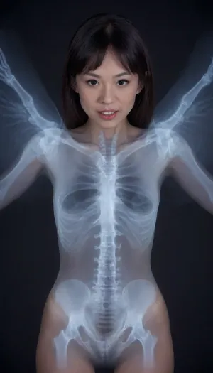 (xray:1.8), (Asian:1.9), (MILF:1.6), woman, fallen, angel, focus, feathered, wings, no, humans, skin, red, bioluminescence, outstretched, arms, sharp, teeth, realistic, eyes, claws, flying, glowing, laughing, horror, (theme), spread, full, body, very hairy pussy, looking, at, viewer, portrait, close-up, leaning, forward, xts, <lora:DD-xray-v1:2>, <lora:fallen angel male epoch 9 main:2>, <lora:xray_v1.0:2>, <lora:xray:2>