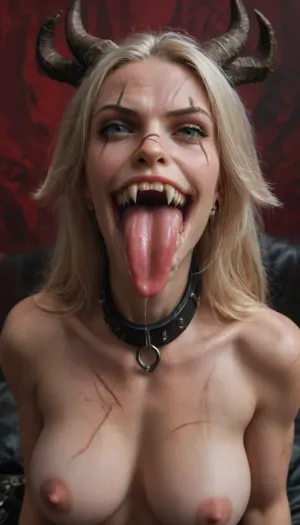 Dark Mystical background, Half turn body rotation, sitting, look at viewer, animal, Aggressive Muzzle, terrible grin, ((sharp animal fangs)), slim long Tongue, (drooling from the mouth:1.8), massive goat horns, (Scar on the face:1.8), blond furry, nude athletic body, lush breasts, (Leather collar with a broken chain:1.5)