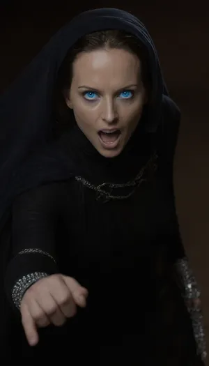 Realistic full-length photo, ((((masterpiece, 4K best quality, ((1 girl, 35 years old, Jessica Atreides, ((fremen's dark blue eyes, blue cornea)), opening his mouth to scream, (((mysterious bene gesserit))), ((wearing black dress on chainmail)), transparent veil, looking at the viewer, ((extending arm, threatening gesture)))))))), (((baron harkonnen lying on ground))), cosmic background, masterpiece, high quality, intricate details, wisdom, charism, hypnotic gaze, very aesthetic style, 7-dune, sand, worm, sepia, greyscale, <lora:Dune SDXL v2.1:1.6>, <lora:Baron_Vladimir_Harkonnen:.8>