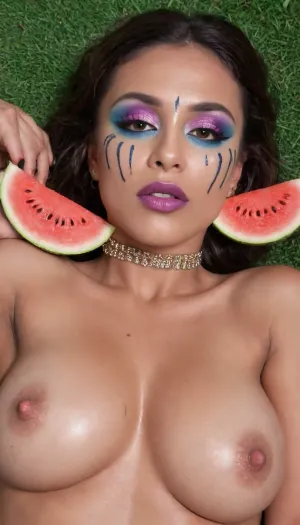 perfect image quality, unusual camera angle.
a female horse with very large breasts and long purple nipples., ((my pussy eats watermelon)), watermelon juice flows through buffers, lying naked in the grass on her back with legs wide spread, I am a princess girl maiden, (high-quality facial detail:1.3), Indian sexy beautiful girl, (blue eyes:1.3), ((bimbo makeup, intense saturated glossy purple lipstick:1.2)), (Indian face:1.9), ((makeup:1.8), long blue eyelashes, olive eyeshadow with glitter), (lips:1.2), open mouth, saliva, in a transparent tight-fitting sequined dress, the room has a device for anal fucking with robotic tentacles, ((anal penetration)), perfectly drawn robotic tentacles, (rainbow sequined robotic tentacles with blue lights), sci-fi objects, Photorealistic, high resolution, (((body jewelry))), ((((nipple chain)))), (((((nipple rings))))), My tummy is very swollen cum eruption, large furry breasts, (carrot_shaped_dildo in anus:1), (carrot_shaped_dildo in pussy:1), (sucking on carrot:1.2), carrotfield, artoflips, uoclips, lips, lipstick, art, of, longnips, <lora:Art_Of_Lips_PONY_XL_By_UOC:.8>, <lora:longnipsxl:1.5>