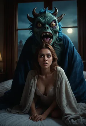 Create a photorealistic nighttime scene in a cozy bedroom, (A woman wakes up in bed as a monster crawls under her blanket and overpowers her:1.5), featuring a 25 year old woman awaking shocked in her sexy nightgown, (perfect face:1.2), (wide opened eyes on her detailed rendered beautiful face:1.3), (perfect hands:1.2), (the bedcover is partially pulled aside:1.2), (revealing her peaceful and sexy form in her nightgown:1.2), the bedroom has ambient lighting, (and moonlight streams through a window:1.2), illuminating the scene, sideview shows the woman on the mattress and, (the monstrous creature overwhelming her:1.4), (scary monster:1.5), (the creature has fang-like teeth:1.2), (eerie eyes:1.2), (blue fur:1.2), (claws:1.2), <lora:detailed_notrigger:.8>, <lora:Dart_1_00:.1>, <lora:SDXLFaeTastic2400:1.6>