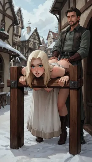 8k, score_9, score_8_up, score_7_up, Reiq feat Incase feat innv feat melkor mancin style, Medieval village, snowy village center, snow, wrists locked in pillory, arms tied, young peasant woman wearing heavy grey linen tunic, blonde, bent forward, bare ass exposed, realistic detailed eyes, realistic detailed hair, realistic detailed face, detailed breasts breasts, realistic detailed pussy, free use, jia, pillory, bent over, armbinders, rope, detailxl, <lora:jia_SDXL_2_:.8>, <lora:SDXL_BDSMArmbindersXL:.8>, ratatatat74, <lora:ratatatat74-000050:.8>, <lora:NEOTOKIOXL_0.2_RC:.8>, <lora:outline_xl_kohaku_delta_spv5x:.8>