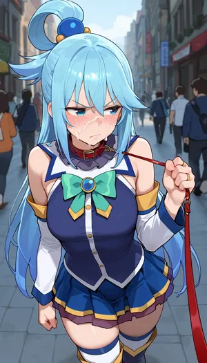 small breasts, crowd, public, Look a viewer, frown, face covered cum, cum on face, facial cum, angry expression, walking, outdoor, Model, fully clothed, leash, leash pulling, AquaXL, blue, eyes, hair, ornament, rings, single, ring, long, very, breasts, blush, medium, skirt, thighhighs, bow, bare, shoulders, detached, sleeves, white, zettai, ryouiki, aqua, (konosuba), kono, subarashii, sekai, ni, shukufuku, wo!, <lora:Aqua_XL2:.8>