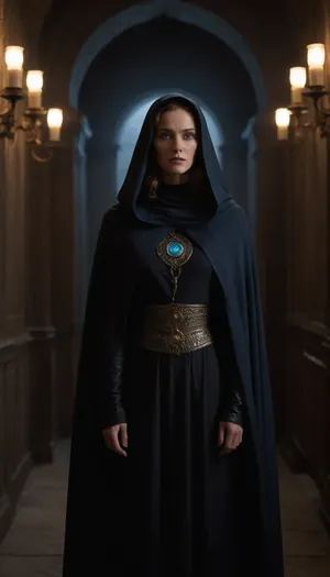 a photorealistic image in the style of a cinematic trailer based on Dune, showcasing the mysterious Bene Gesserit. Visual Style, Dark, unhurried, with elements of psychological horror and mysticism—like the films of David Lynch, but with an emphasis on feminine power and sacred danger.
Setting, A dark chamber deep within the Bene Gesserit fortress on Wallach IX. The walls are covered in ancient symbols. The full length photograph shows a Bene Gesserit Jessica Atreides, motionless, with deep blue eyes glowing in the dim light. She is wearing a chainmail, over which floats a long, hooded cloak that reveals her chainmail. Technical Details, Lighting, Unidirectional, (as in Greg Rukowski's work), – deep shadows, the face illuminated by a cool blue light.
Color, Dark shadows + orange accents, (as in Dune 2021), but with enhanced blue for a mystical feel.
Atmosphere, The photograph should feel simultaneously sacred and brutal – the viewer should be simultaneously intrigued and terrified. Jessica Atreides is not an antagonist, but a priestess for whom pain is merely a tool. The ending leaves a sense of mystery.
Key Motifs, Visual Imagery, Scenes with the Bene Gesserit from Dune, (1984), .
Lighting, Roger Deakins' work in Blade Runner 2049, (contrast of shadow and light), .
High definition, 8K, HD, high quality, high detail, good lighting, beautiful, epic, masterpiece