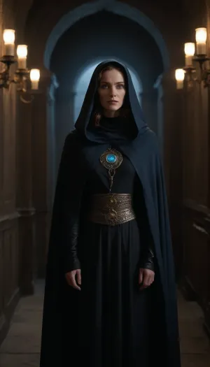a photorealistic image in the style of a cinematic trailer based on Dune, showcasing the mysterious Bene Gesserit. Visual Style, Dark, unhurried, with elements of psychological horror and mysticism—like the films of David Lynch, but with an emphasis on feminine power and sacred danger.
Setting, A dark chamber deep within the Bene Gesserit fortress on Wallach IX. The walls are covered in ancient symbols. The full length photograph shows a Bene Gesserit Jessica Atreides, motionless, with deep blue eyes glowing in the dim light. She is wearing a chainmail, over which floats a long, hooded cloak that reveals her chainmail. Technical Details, Lighting, Unidirectional, (as in Greg Rukowski's work), – deep shadows, the face illuminated by a cool blue light.
Color, Dark shadows + orange accents, (as in Dune 2021), but with enhanced blue for a mystical feel.
Atmosphere, The photograph should feel simultaneously sacred and brutal – the viewer should be simultaneously intrigued and terrified. Jessica Atreides is not an antagonist, but a priestess for whom pain is merely a tool. The ending leaves a sense of mystery.
Key Motifs, Visual Imagery, Scenes with the Bene Gesserit from Dune, (1984), .
Lighting, Roger Deakins' work in Blade Runner 2049, (contrast of shadow and light), .
High definition, 8K, HD, high quality, high detail, good lighting, beautiful, epic, masterpiece