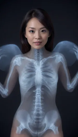 (xray:1.8), (Asian:1.9), (MILF:1.6), woman, fallen, angel, focus, feathered, wings, no, humans, skin, red, bioluminescence, outstretched, arms, sharp, teeth, realistic, eyes, claws, flying, glowing, laughing, horror, (theme), spread, full, body, hairy pussy, looking, at, viewer, portrait, close-up, leaning, forward, xts, <lora:DD-xray-v1:2>, <lora:fallen angel male epoch 9 main:2>, <lora:xray_v1.0:2>, <lora:xray:2>