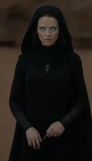 Realistic full-length photo, ((((masterpiece, 4K best quality, ((1 girl, 35 years old, Jessica Atreides, (((fremen's dark blue eyes, blue cornea))), (((mysterious bene gesserit))), fremen's suit, ((wearing black dress on chainmail)), transparent veil, looking at the viewer, ((extending arm, threatening gesture)))))))), ((in desert)), ((cosmic background)), masterpiece, high quality, intricate details, wisdom, charism, hypnotic gaze, very aesthetic style, 7-dune, sand, worm, sepia, greyscale, <lora:Dune SDXL v2.1:1.5>