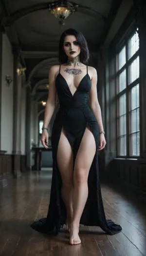 (Full body, 41 year old tall emo goth woman, wide hips, walking, night, cozy den, floor to ceiling windows, elegant elaborate fancy very long black dress, intricate neckline, high slit, big long fancy black hair, black lipstick, black neck tattoo, heavy black eyeshadow, smile, barefoot, bracelets, silver necklaces, silver hairpin, pubic hair), skirtlift, <lora:skirtlift_xl:.8>