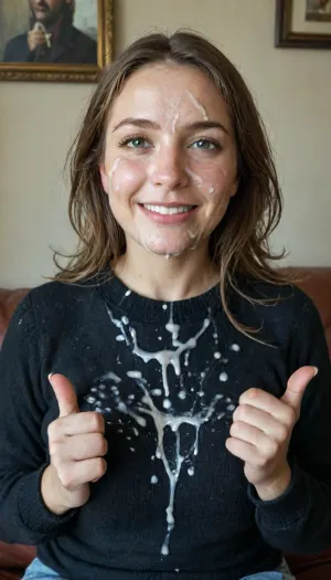 Photorealism, hyper-realistic, masterpiece, Award winning Picture, crystal clear Picture, highest resolution, detailed face, uhd, 8k, 50 year old milf, smiling, black wool Pullover, Clothed, upper body only, sitting on Couch, Full of cum, (cum on face:1.8), (cum on clothes), (cum on Hair), making thumbs Up sign