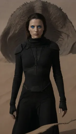 Realistic full-length photo, ((((masterpiece, 4K best quality, ((1 girl, 35 years old, Jessica Atreides, (((fremen's dark blue eyes, blue cornea))), (((mysterious bene gesserit))), ((fremen's suit)), ((((wearing black dress on chainmail)))), ((shaved head)), (transparent veil), looking at the viewer, ((threatening gesture)))))))), ((in desert)), (((((((shai-hulud, sand worm, sandworm which rises, in background))))))), masterpiece, high quality, intricate details, wisdom, charism, hypnotic gaze, very aesthetic style, 7-dune, sand, worm, sepia, greyscale, nosetril, plug, blue, eyes, cloak, <lora:Dune SDXL v2.1:1.3>, <lora:Sandworm_-_Dune_1984_SDXL:2>, <lora:Dune1024:2>