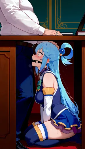 Kneeling, small breasts, grabbing hair, ring gag, implied blowjob, implied deepthroat, fat man, fully clothed, tears, surprised expression, office, under table, male sitting, AquaXL, blue, eyes, hair, ornament, rings, single, ring, long, very, breasts, blush, medium, skirt, thighhighs, bow, bare, shoulders, detached, sleeves, white, zettai, ryouiki, aqua, (konosuba), kono, subarashii, sekai, ni, shukufuku, wo!, <lora:Aqua_XL2:.8>