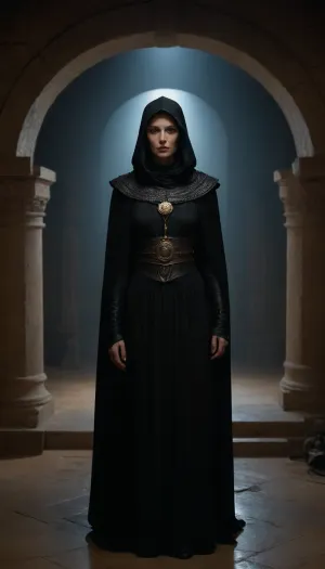 a photorealistic image in the style of a cinematic trailer based on Dune, showcasing the mysterious Bene Gesserit. Visual Style, Dark, unhurried, with elements of psychological horror and mysticism—like the films of David Lynch, but with an emphasis on feminine power and sacred danger.
Setting, A dark chamber deep within Leto Atreides' castle on Arrakis. The walls are covered in ancient symbols. The full length photograph shows a Bene Gesserit Jessica Atreides, motionless, with deep blue eyes glowing in the dim light. She is wearing a chainmail, over which floats a long, hooded cloak that reveals her chainmail on the sleeves. Technical Details, Lighting, Unidirectional, (as in Greg Rukowski's work), – deep shadows, the face illuminated by a cool blue light.
Color, Dark shadows + orange accents, (as in Dune 2021), but with enhanced blue for a mystical feel.
Atmosphere, The photograph should feel simultaneously sacred and brutal – the viewer should be simultaneously intrigued and terrified. Jessica Atreides is not an antagonist, but a priestess for whom pain is merely a tool. The ending leaves a sense of mystery.
Key Motifs, Visual Imagery, Scenes with the Bene Gesserit from Dune, (1984), .
Lighting, Roger Deakins' work in Blade Runner 2049, (contrast of shadow and light), .
High definition, 8K, HD, high quality, high detail, good lighting, beautiful, epic, masterpiece