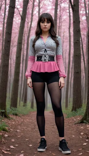 1 Girl, (21 Years old, FULL BODY, Clonated face), (Huge breasts, Toneed muscles legs, Neat figure), (Light grey eyes, Serious look), (Medium hair, Straight hair, Bangs, Black hair), (In a dark, haunted forest at midnight), (Fitted pink blouse, elegant wide black belt with silver flower buckle, black knee-length leggings with pink polka dots, black sneakers with skulls), (Extrem long shot, Panoramic shot of her, FULL BODY)