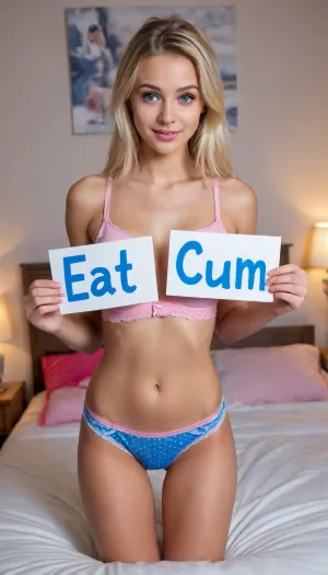 (masterpiece, best quality, photorealistic, ultra highres), 1girl, 18 y.o., extremely cute, short, horny, full body, ((holding sign with the text “EAT MORE CUM” printed on it)), desperate, orgasm, long platinum blonde hair, icy blue eyes, Russian, girl in pink Girly bedroom with plush toys, very small body very skinny figure with medium firm breasts, round hips, bold and calculating, seductive smirk, no tattoos, wearing plain cute White cotton print panties with blue hearts cotton print, matching bra and panties, she has her hand in her panties touching herself, masturbating, vibrator, cute bedroom interior with dim golden light, detailxl, <lora:add-detail-xl:1.2>