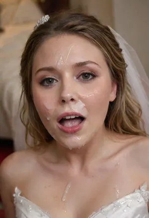 3/4 body shot, (Elizabeth Olsen:1.1), wedding dress with cum on her forehead, facial, open mouth, (cum in mouth:1.3), <lora:Facials:.5>, <lora:JustCum:.5>