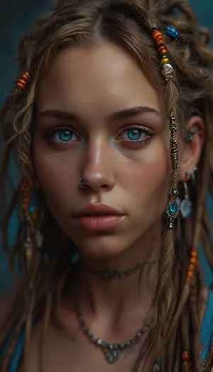 In an extreme close-up, (a 25-year-old Bohemian hippie woman:1.4), with blonde dreadlocks and shaved sides, (highly detailed dreadlocks and stubble:1.5), (perfectly rendered skin texture:1.5), (clear blue eyes with peaceful and intelligent expression:1.4), (slight depth of field, ears and background slightly blurred:1.3), (nose ring and lip piercing:1.4), (ear tunnels, subtly visible:1.3), (facial tattoos near the neck:1.4), (a pearl headband and colorful, bohemian clothing:1.5), (perfect firm breasts:1.4), (perfect detailed nipples:1.4), creating a hyper-realistic, photorealistic portrait, (maximum detail:1.5), (super realistic photo:1.4), <lora:detailed_notrigger:2>, <lora:SDXLFaeTastic2400:2>, <lora:MJ52:2>, <lora:[XL]focus:2>