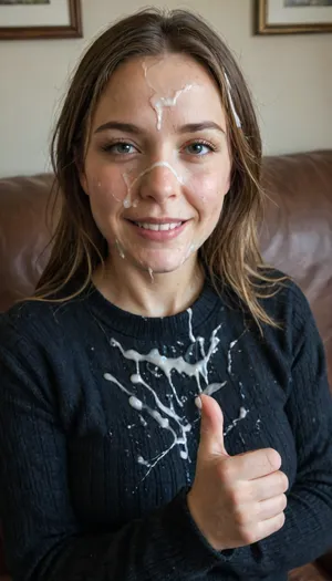 Photorealism, hyper-realistic, masterpiece, Award winning Picture, crystal clear Picture, highest resolution, detailed face, uhd, 8k, 50 year old milf, smiling, black wool Pullover, Clothed, upper body only, sitting on Couch, Full of cum, (cum on face:1.8), (cum on clothes), (cum on Hair), making thumbs Up sign