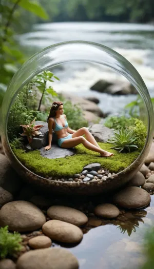 Photo of a terrarium, inside is a hyper-realistic scene of a sunbathing woman on a large flat rock by a river, with, (miniature, woman), <lora:Miniature_People_-_By_DICE-000006:1>, perfecteyes, <lora:lora-sdxl-perfect-eyes:.8>