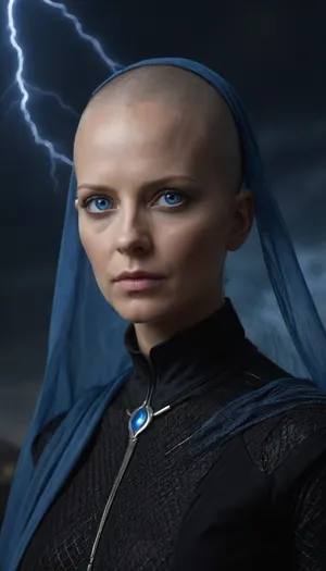 Realistic photo, masterpiece, 4K best quality, 1 girl, 35 years old, (((fremen's dark blue eyes, blue cornea))), medium breasts, (((with blue lightning in sky))), ((((shaved head)))), ((mysterious bene gesserit, wearing black dress, on chainmail, transparent veil)), looking at the viewer, cosmic background, high quality, intricate details, wisdom, charism, very aesthetic style, in, the, style, of, dune, bright, blue, woman Genetically modified, <lora:dune-sdxl-v1-000098:1.6>, <lora:bright_blue_eyes:2>, <lora:Stunning_eyes_2:2>